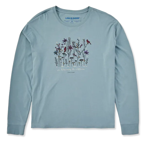 Life is Good. Women's Cardinal Wildflowers Long Sleeve Snuggle Up Sleep Tee, Smoky Blue