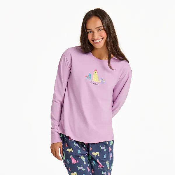 Life is Good. Women's Warm Winter Dogs Long Sleeve Snuggle Up Sleep Tee, Violet Purple