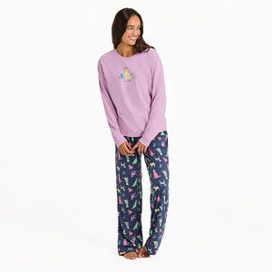 Life is Good. Women's Warm Winter Dogs Long Sleeve Snuggle Up Sleep Tee, Violet Purple