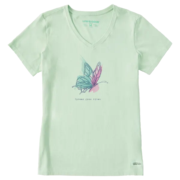 Life is Good. Women's Spread Good Vibes Short Sleeve Crusher Vee, Sage Green