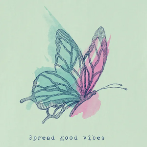 Life is Good. Women's Spread Good Vibes Short Sleeve Crusher Vee, Sage Green