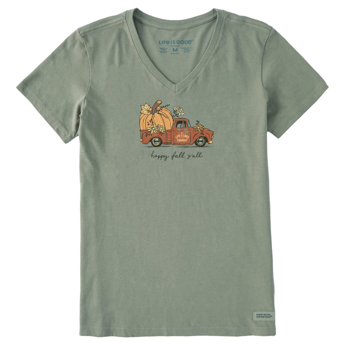 Life is Good. Women's Happy Fall Y'all Pickup Short Sleeve Crusher Vee, Moss Green