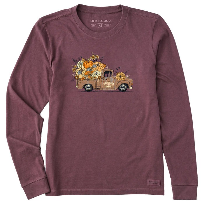 Life is Good. Women's Fall Flowers & Pumpkins Pickup Long Sleeve Crusher Tee, Mahogany Brown