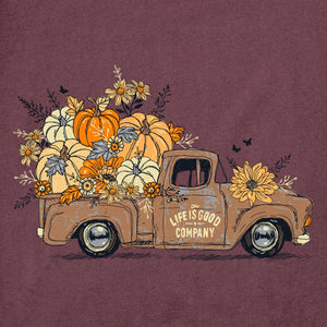 Life is Good. Women's Fall Flowers & Pumpkins Pickup Long Sleeve Crusher Tee, Mahogany Brown