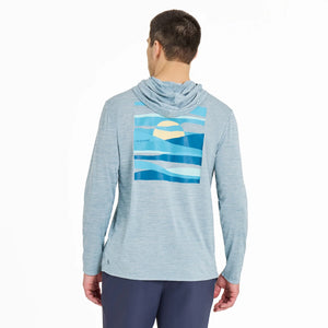 Life is Good. Men's Sunset Through The Clouds Long Sleeve Sun Crusher Hoodie, Smoky Blue