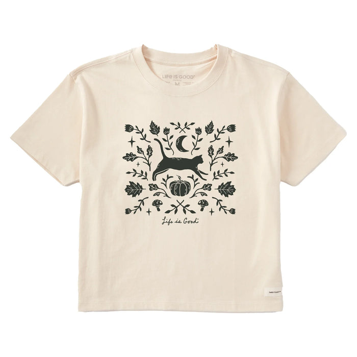 Life is Good. Women's Fall Foliage Cat Short Sleeve Crusher Boxy Tee, Putty White