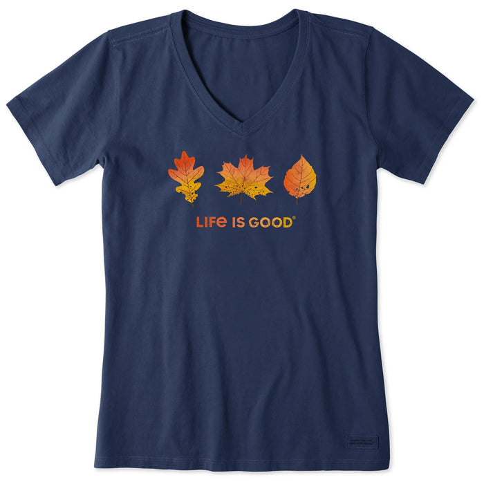 Life is Good. Women's Three Leaves Short Sleeve Crusher Vee, Darkest Blue