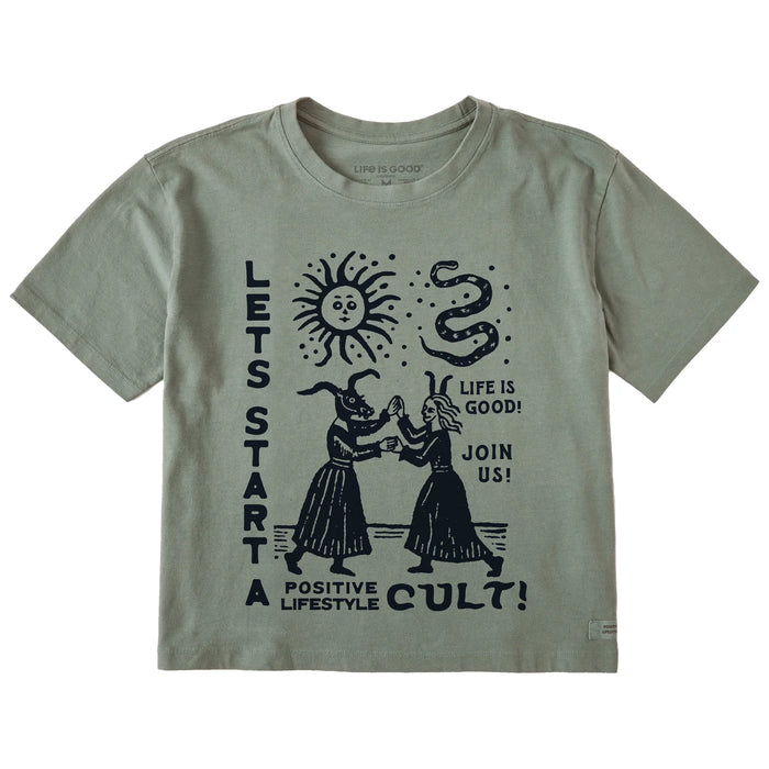 Life is Good. Women's Let's Start a Cult Short Sleeve Crusher Boxy Tee, Moss Green