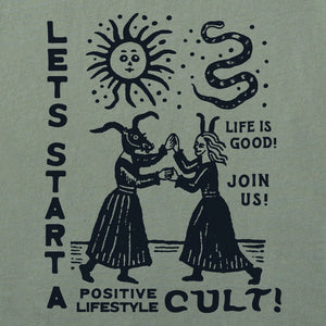 Life is Good. Women's Let's Start a Cult Short Sleeve Crusher Boxy Tee, Moss Green
