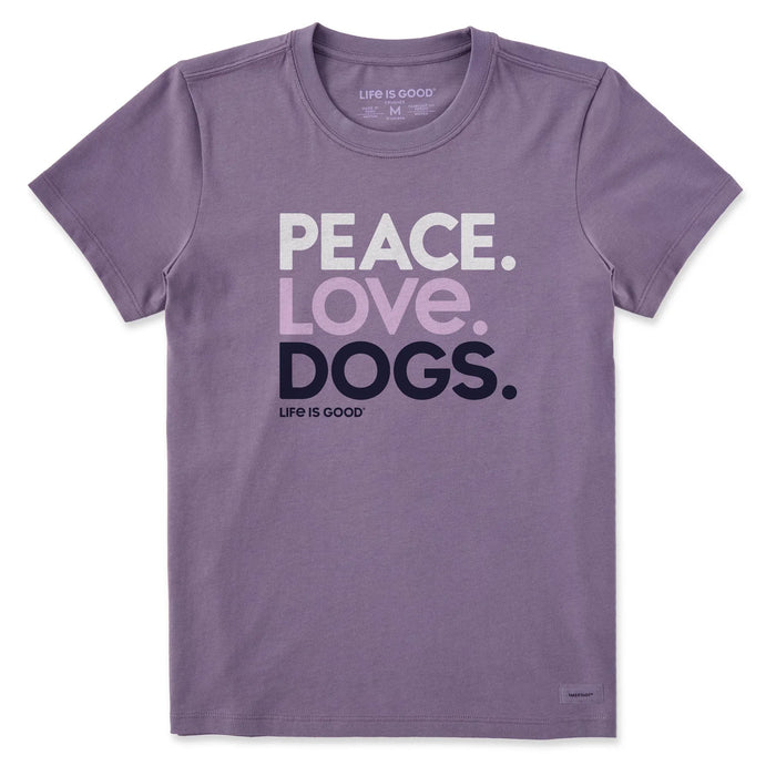 Life is Good. Women's Peace Love Dogs Crusher Tee, Dusk Purple