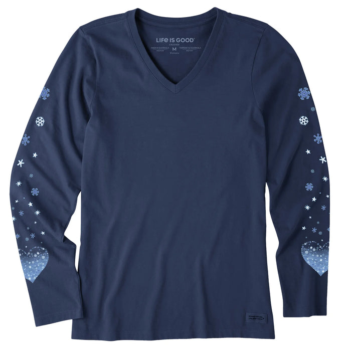 Life is Good. Women's Winter Heart Snowflakes Long Sleeve Crusher Vee, Darkest Blue
