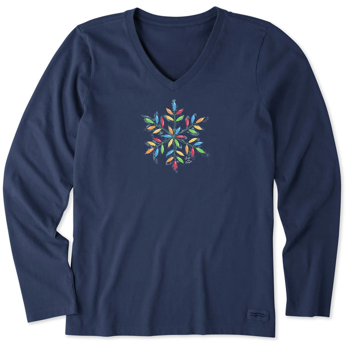 Life is Good. Women's Snowflake Holiday Lights Long Sleeve Crusher Vee, Darkest Blue