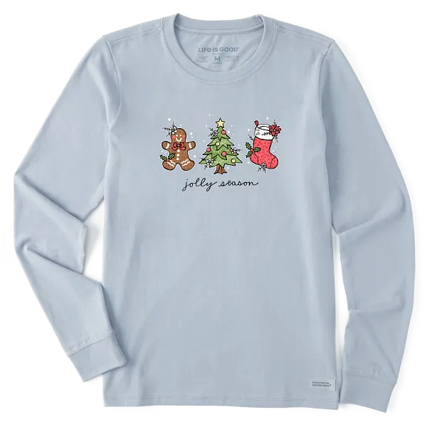 Life is Good. Women's Jolly Season Xmas Long Sleeve Crusher Tee, Glacier Blue