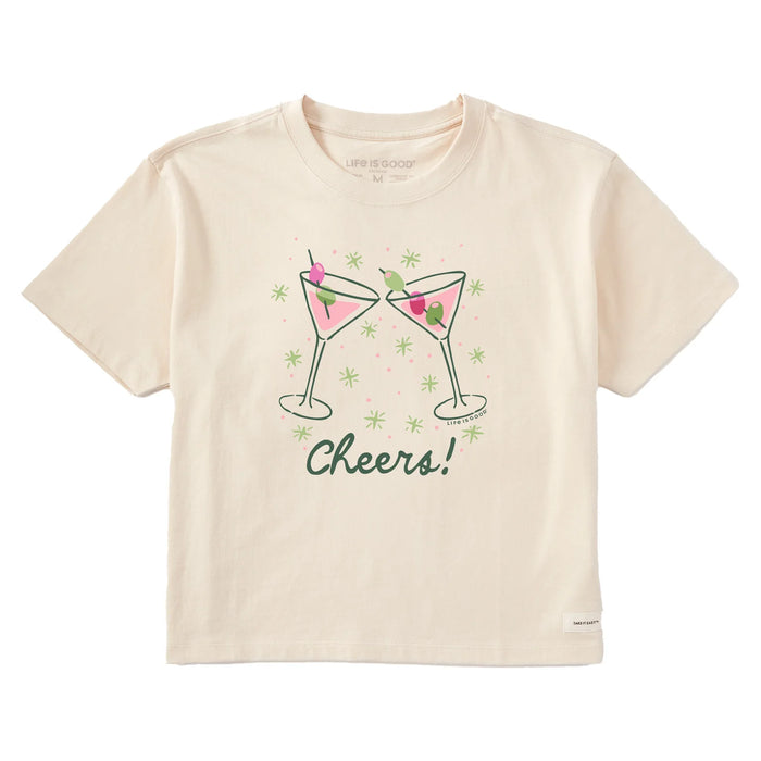 Life is Good. Women's Holiday Martinis Short Sleeve Crusher Boxy Tee, Putty White