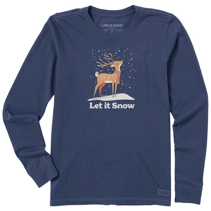 Life is Good. Women's Let it Snow Deer Long Sleeve Crusher Tee, Darkest Blue