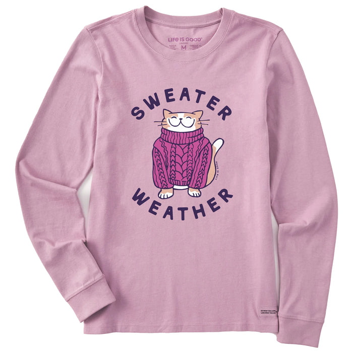 Life is Good. Women's Sweater Weather Cat Long Sleeve Crusher Tee, Violet Purple