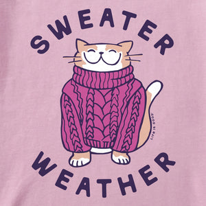 Life is Good. Women's Sweater Weather Cat Long Sleeve Crusher Tee, Violet Purple