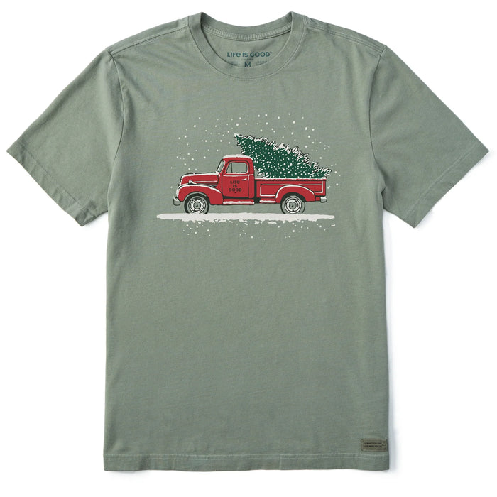 Life is Good. Men's Old Christmas Tree Short Sleeve Crusher Tee, Moss Green