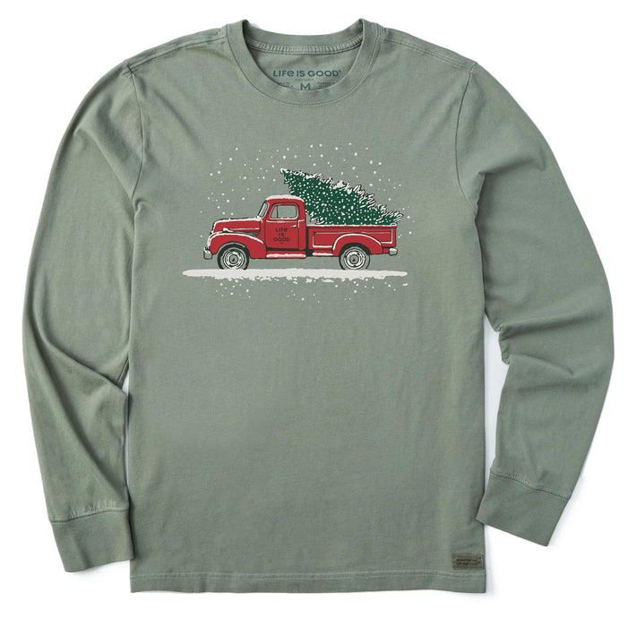 Life is Good. Men's Old Christmas Tree Long Sleeve Crusher Tee, Moss Green