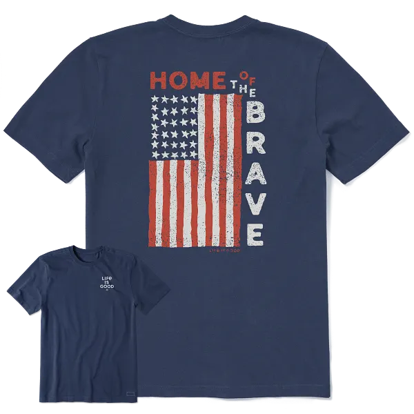 Life is Good. Men's Home of the Brave Raggedy Flag Crusher Tee, Darkest Blue