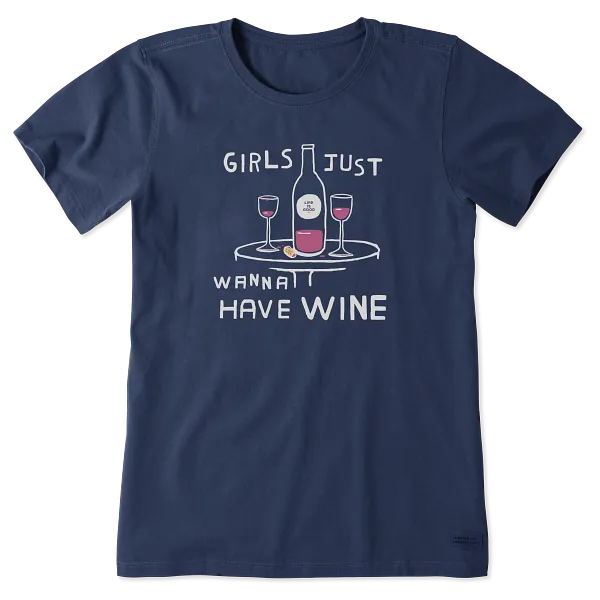 Life is Good. Women's Girls Just Wanna Have Wine Crusher Tee, Darkest Blue