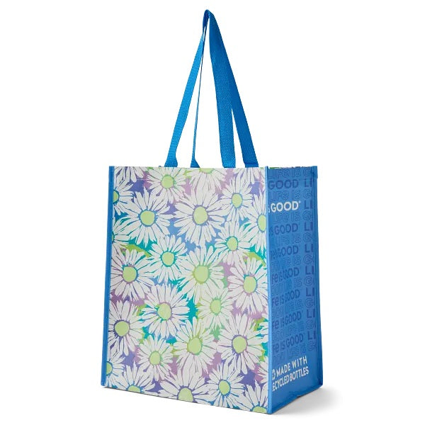 Life is Good. Tie Dye Daisy Pattern Large Good Tote Bag, Cornflower Blue