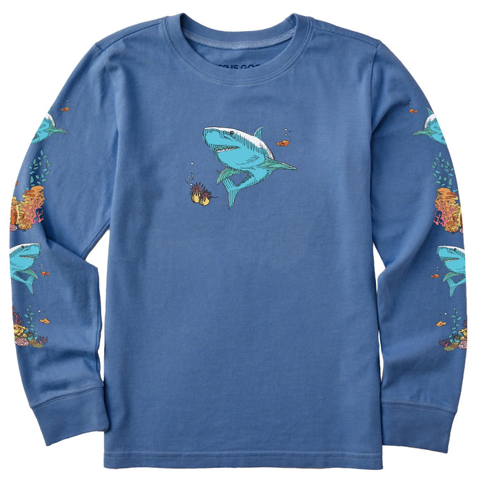 Life is Good. Kids Shark Reef Long Sleeve Crusher Tee, Vintage Blue
