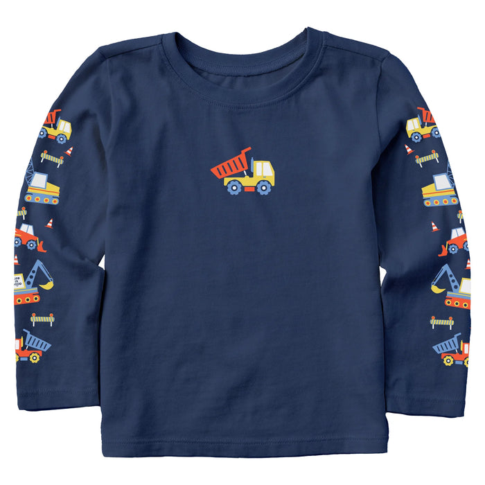 Life is Good. Toddler Construction Trucks Long Sleeve Crusher Tee, Darkest Blue