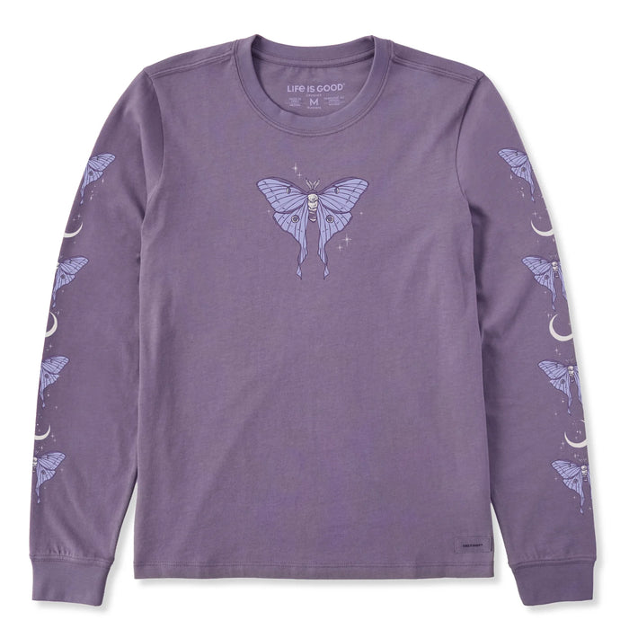 Life is Good. Women's Celestial Luna Moth Long Sleeve Crusher Tee, Dusk Purple