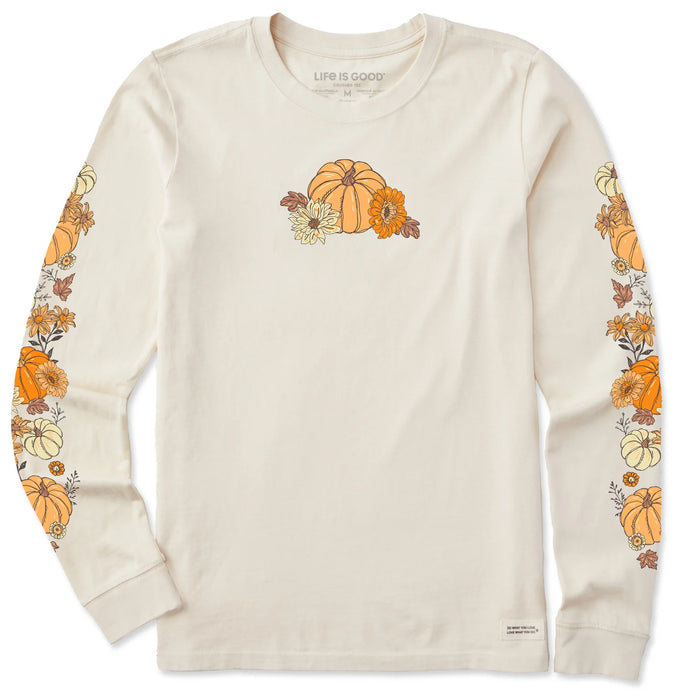 Life is Good. Women's Autumn Floral Pumpkins Long Sleeve Crusher Tee, Putty White