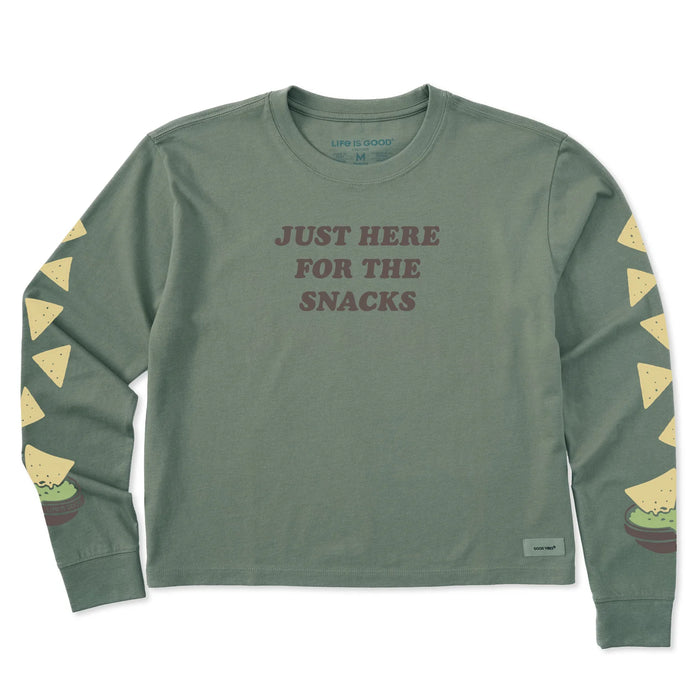 Life is Good. Women's Just Here for the Snacks Long Sleeve Crusher Boxy Tee, Moss Green