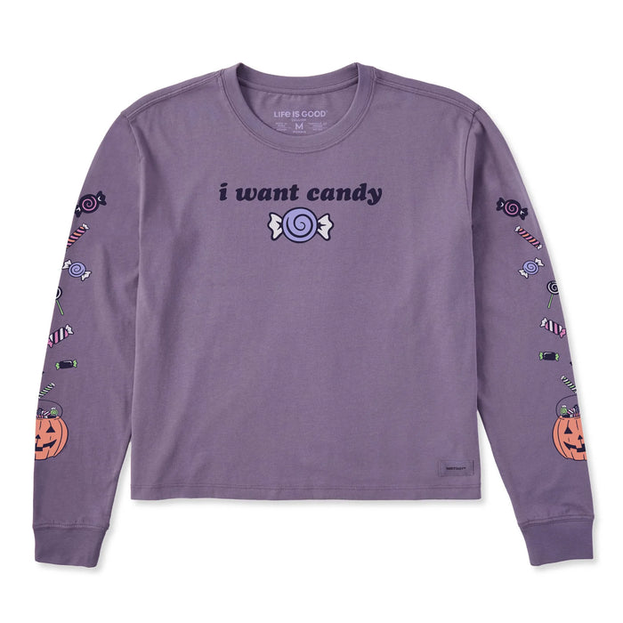 Life is Good. Women's I Want Candy Long Sleeve Crusher Boxy Tee, Dusk Purple