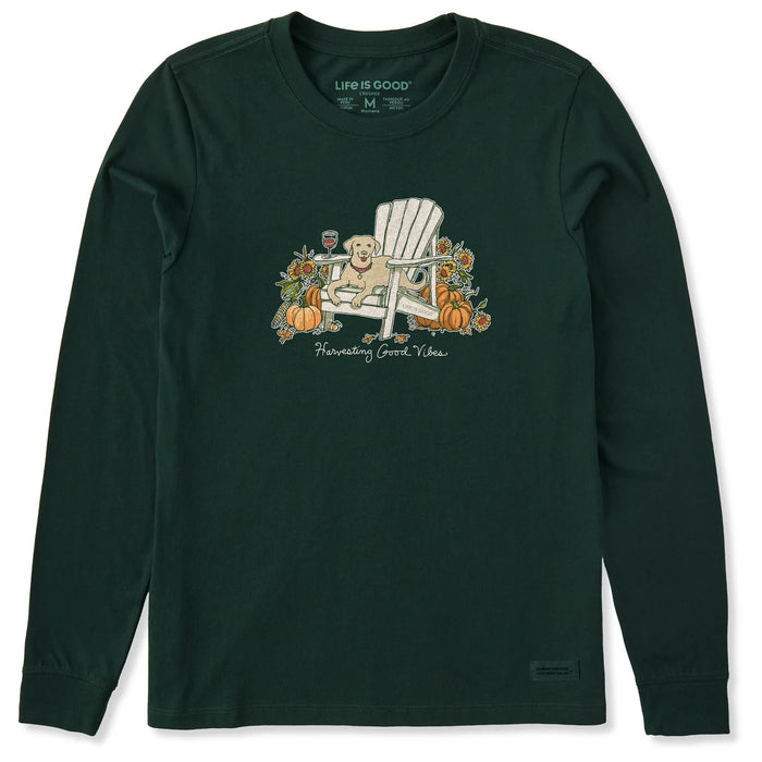Life is Good. Women's Harvesting Fall Vibes Lab Long Sleeve Crusher Tee, Treeline Green
