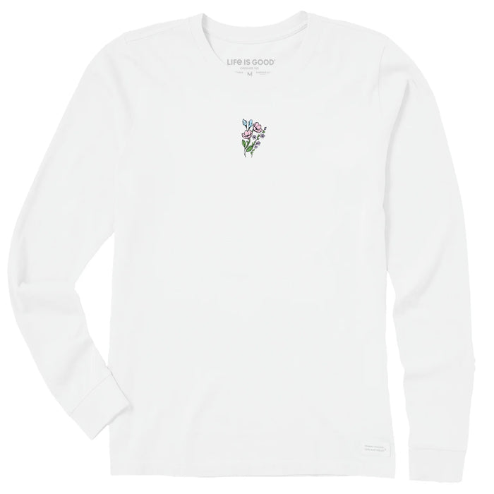 Life is Good. Women's Embroidered Wildflower Bouquet Long Sleeve Crusher Tee, Cloud White