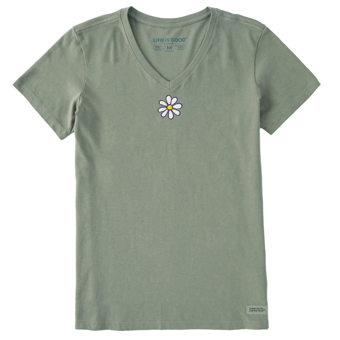Life is Good. Women's Embroidered Daisy Crusher Vee, Moss Green