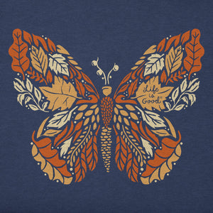 Life is Good. Women's Autumn Butterfly Long Sleeve Crusher Vee, Darkest Blue