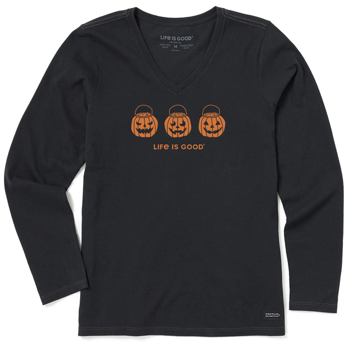 Life is Good. Women's Jack O Lantern Trio Long Sleeve Crusher Vee, Faded Black