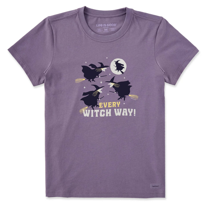 Life is Good. Women's Every Witch Way Short Sleeve Crusher Tee, Dusk Purple