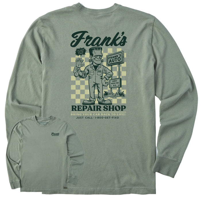Life is Good. Men's Frank's Repair Shop Long Sleeve Crusher Tee, Moss Green