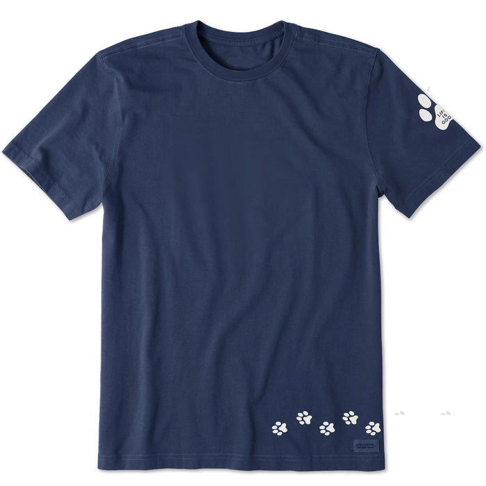 Life is Good. Men's Walking Paws Short Sleeve Crusher Tee, Darkest Blue