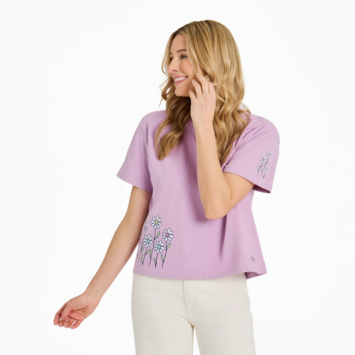 Life is Good. Women's Vintage Daisy Garden Crusher Boxy Tee, Violet Purple