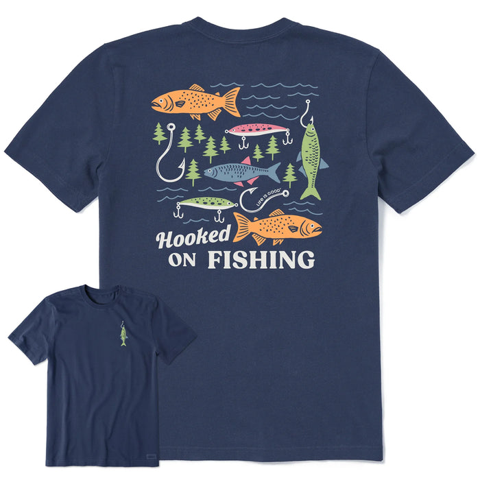 Life is Good. Men's Hooked on Fishing Short Sleeve Crusher Tee, Darkest Blue