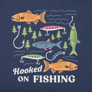 Life is Good. Men's Hooked on Fishing Short Sleeve Crusher Tee, Darkest Blue