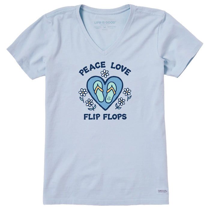 Life is Good. Women's Peace Love Flip Flops Short Sleeve Crusher Vee, Glacier Blue