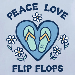 Life is Good. Women's Peace Love Flip Flops Short Sleeve Crusher Vee, Glacier Blue