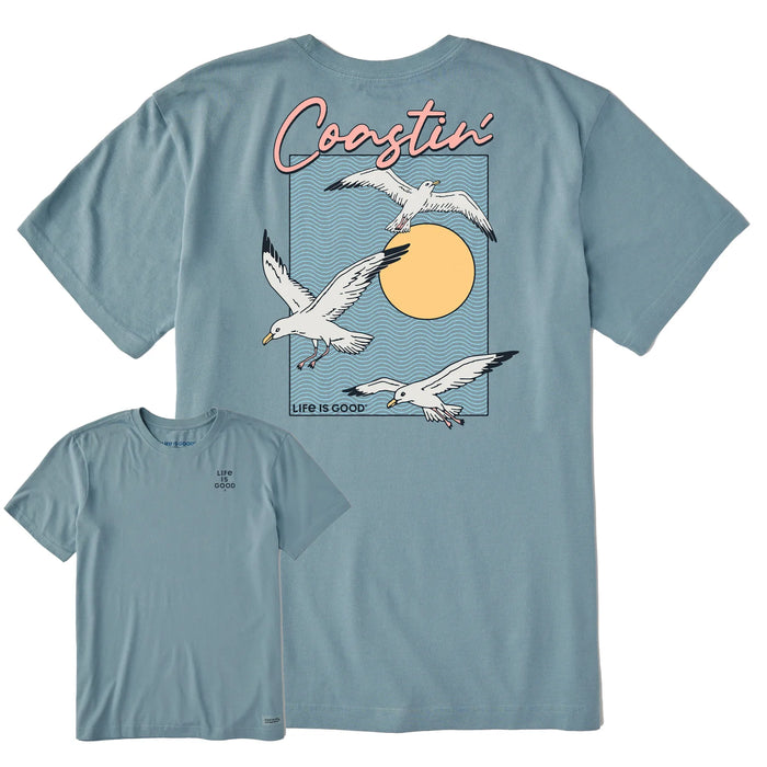Life is Good. Men's Coastin Seagulls Short Sleeve Crusher Tee, Smoky Blue