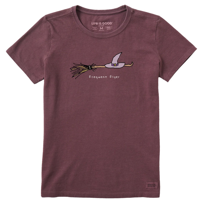 Life is Good. Women's Frequent Flyer Witch Broom Short Sleeve Crusher Tee, Mahogany Brown