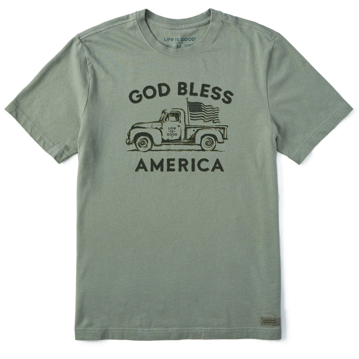Life is Good. Men's God Bless American Trucks Crusher Tee, Moss Green