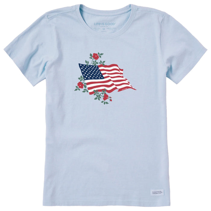 Life is Good. Women's Red Rose American Flag Short Sleeve Crusher Tee, Glacier Blue