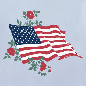 Life is Good. Women's Red Rose American Flag Short Sleeve Crusher Tee, Glacier Blue